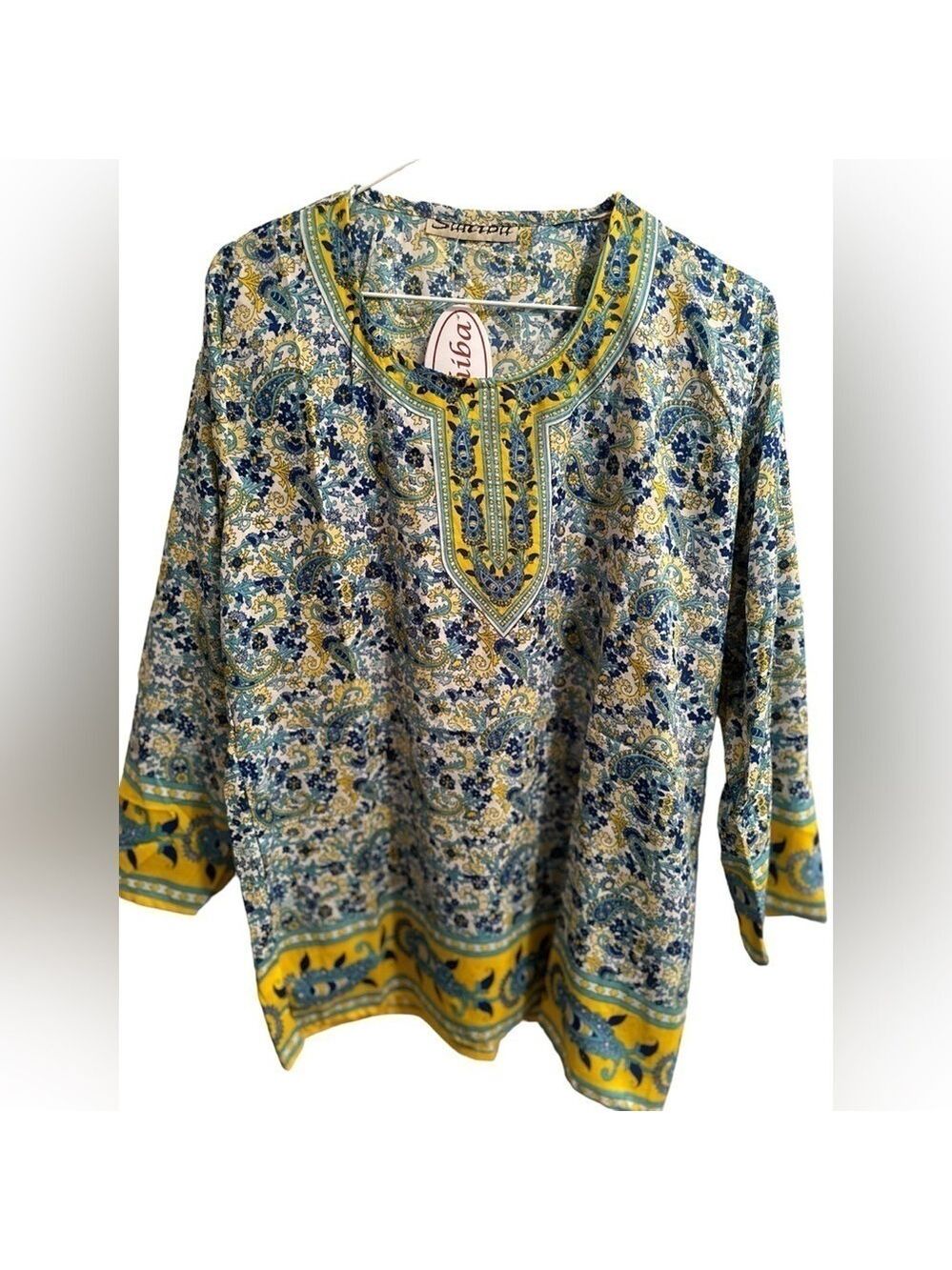 Sahiba Sparkling Floral Tunic Womens One Size Blue & Yellow Made In India NWT